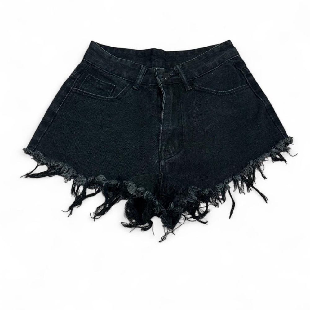 SHEIN Black Jean Shorts with Distressed Hem